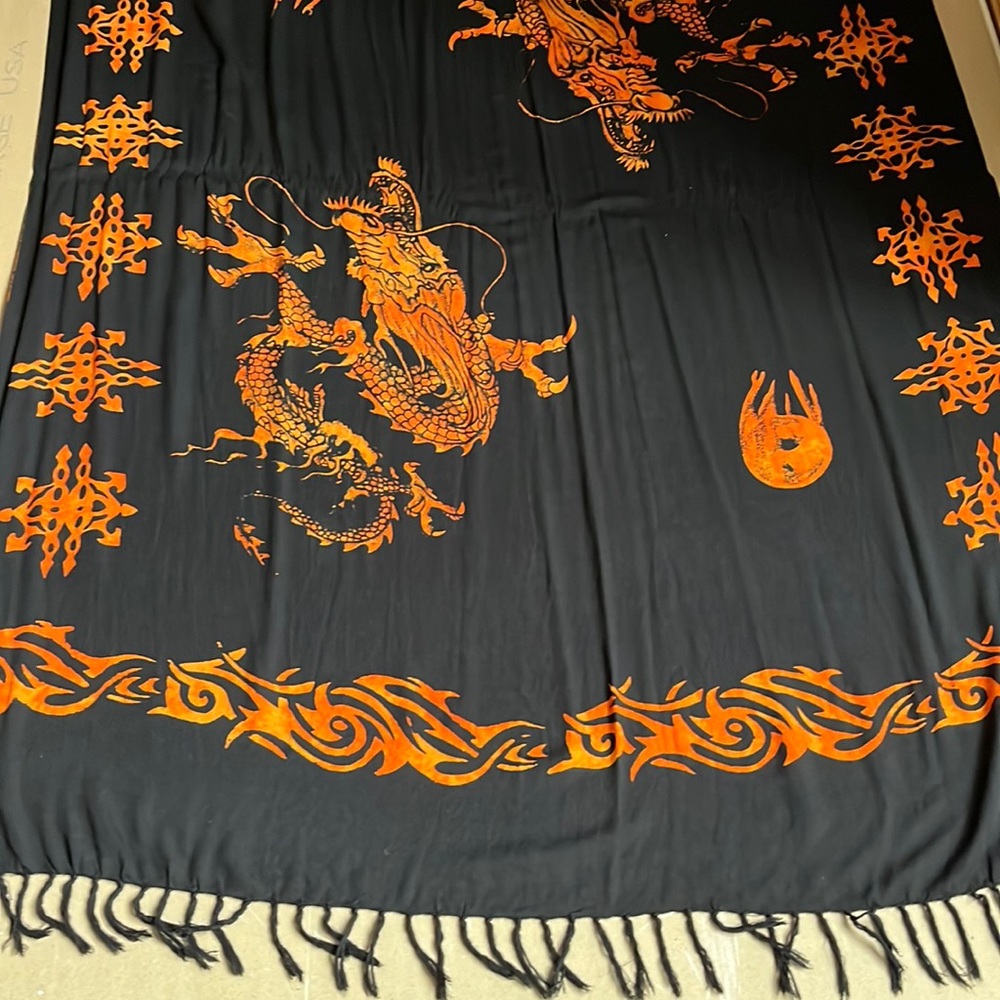44”x62” Black Rayon scarf or wall hanging with orange tribal dragons